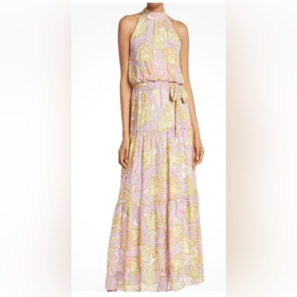 Maggy London Paisley Maxi Dress Womens Yellow Pink Multi Tiered Halter High Neck